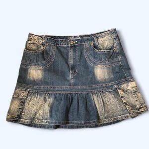 Y2K 2000 Grunge Mini Baddie Vixen Goth Denim Jeans Skirt Pleated Ruffle Babydoll